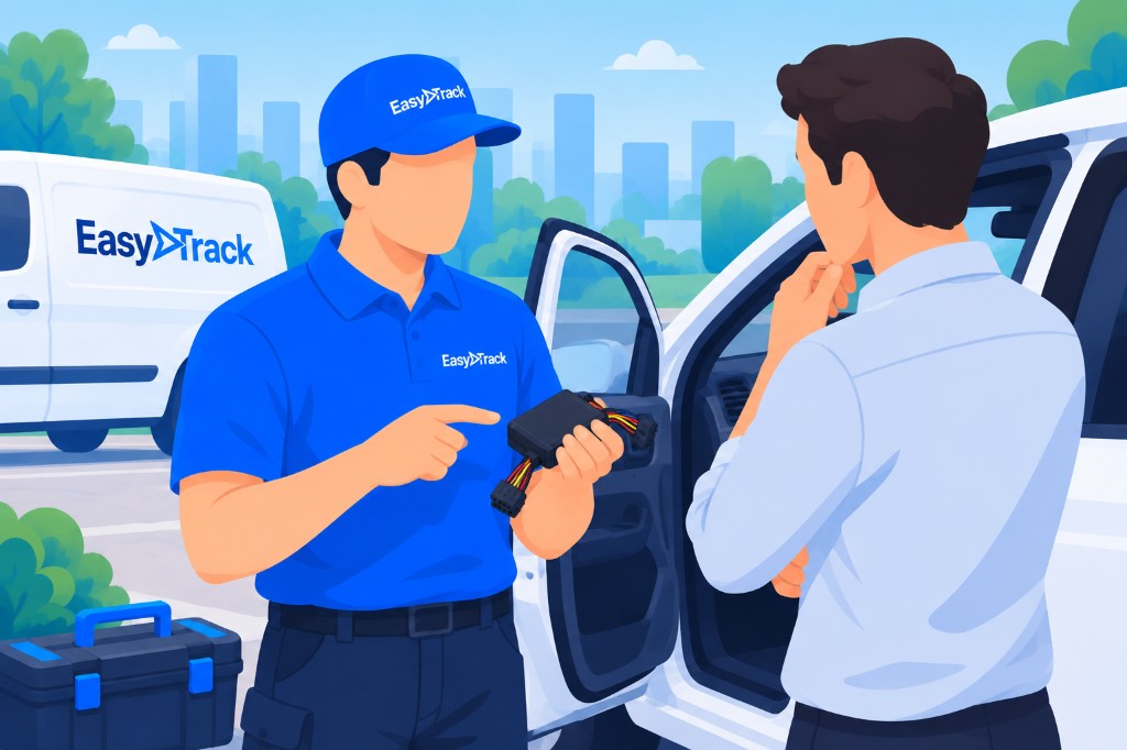 Un técnico de EasyTrack presenta el dispositivo GPS antes de la instalación